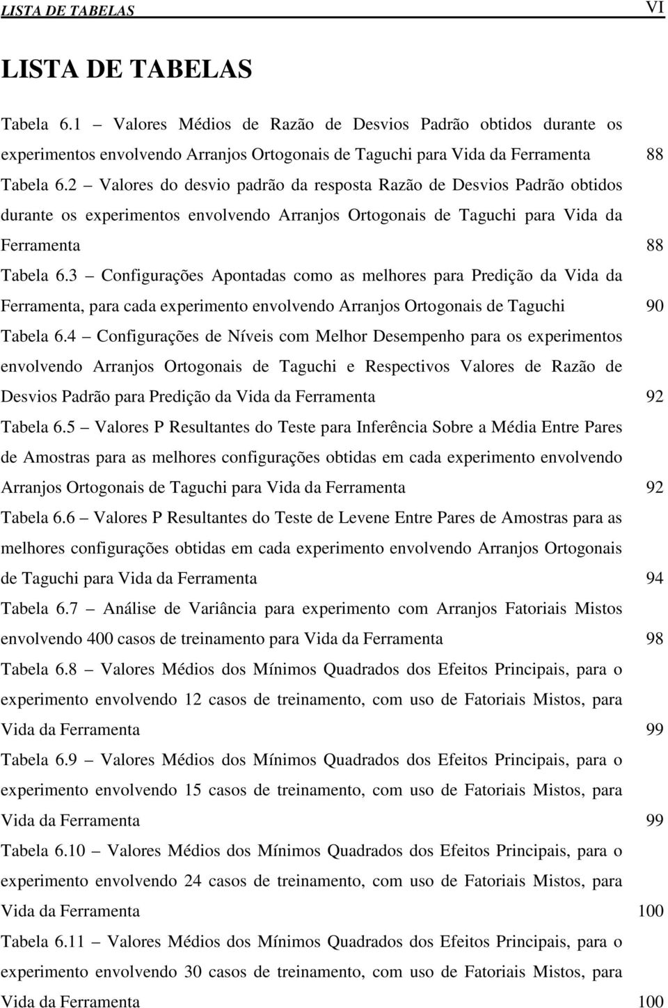 3 Configurações Apontadas como as melhores para Predição da Vida da Ferramenta, para cada experimento envolvendo Arranjos Ortogonais de Taguchi 90 Tabela 6.