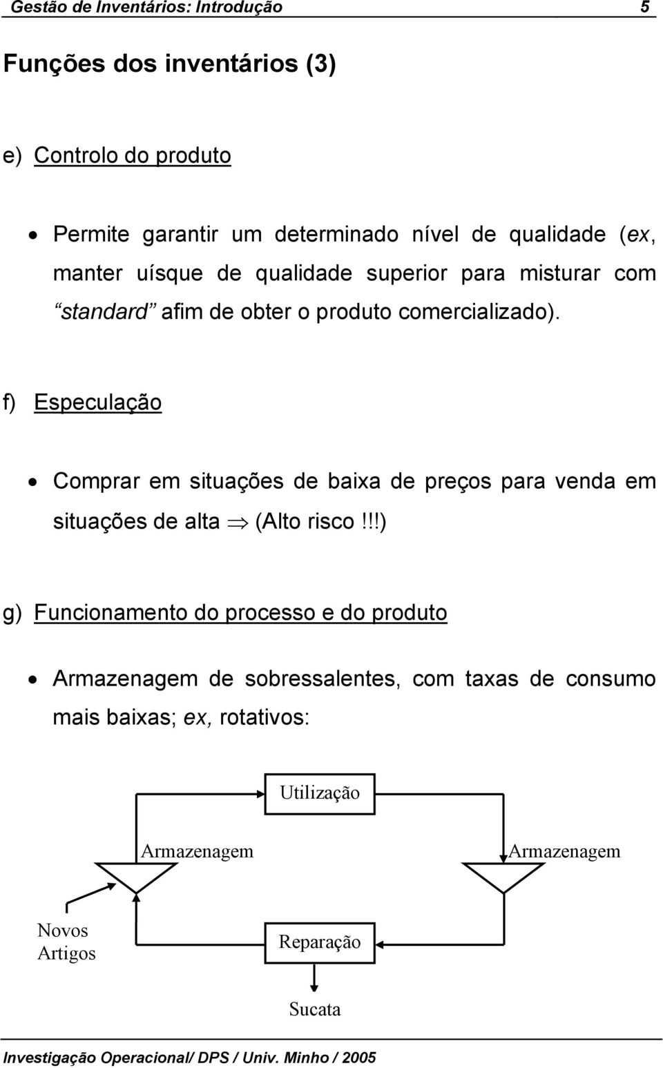 f) Especulação ompa em situações de baixa de peços paa venda em situações de alta (Alto isco!