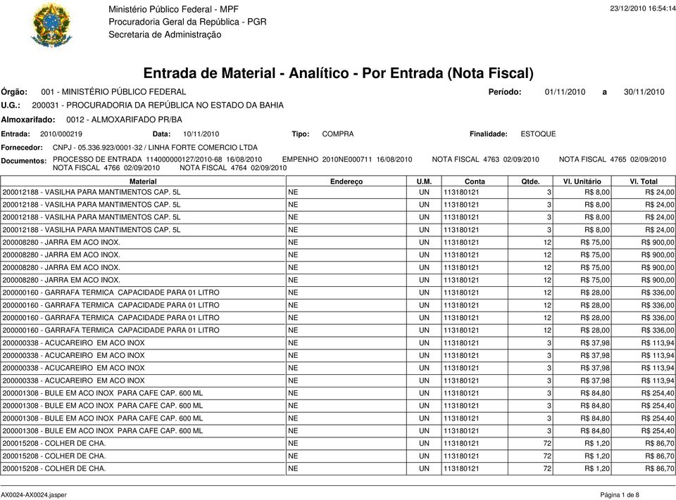 FISCAL 4766 02/09/2010 NOTA FISCAL 4764 02/09/2010 200012188 - VASILHA PARA MANTIMENTOS CAP. 5L NE UN 113180121 3 R$ 8,00 R$ 24,00 200012188 - VASILHA PARA MANTIMENTOS CAP.