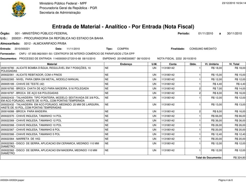 - ALICATE BOMBA D'ÁGUA, REGULÁVEL EM 7 POSIÇÕES, 10 POLEGADAS NE UN 113180142 1 R$ 18,00 R$ 18,00 200022361 - ALICATE REBITADOR, COM 4 PINOS NE UN 113180142 1 R$ 15,00 R$ 15,00 200022365 - NIVEL PARA