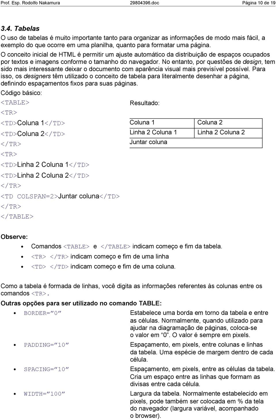 Tabelas O uso de tabelas é muito importante tanto para organizar as informações de modo mais fácil, a exemplo do que ocorre em uma planilha, quanto para formatar uma página.