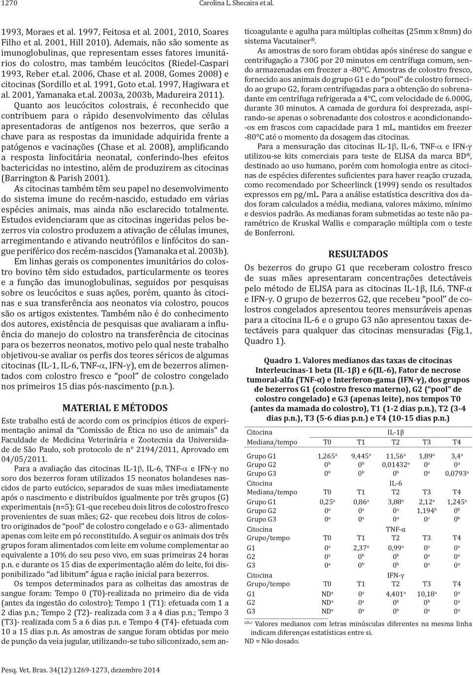 2008, Gomes 2008) e citocinas (Sordillo et al. 1991, Goto et.al. 1997, Hagiwara et al. 2001, Yamanaka et.al. 2003a, 2003b, Madureira 2011).