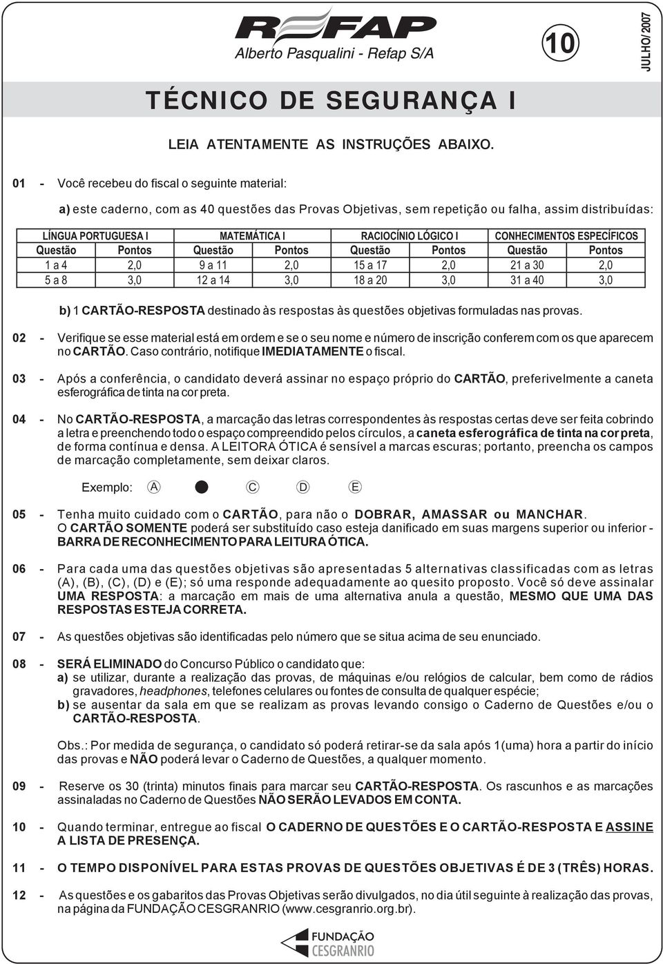 LÓGICO I CONHECIMENTOS ESPECÍFICOS Questão Pontos Questão Pontos Questão Pontos Questão Pontos 1a4 2,0 9a11 2,0 15a17 2,0 21a30 2,0 5a8 3,0 12a14 3,0 18a20 3,0 31a40 3,0 b) 1 CARTÃO-RESPOSTA