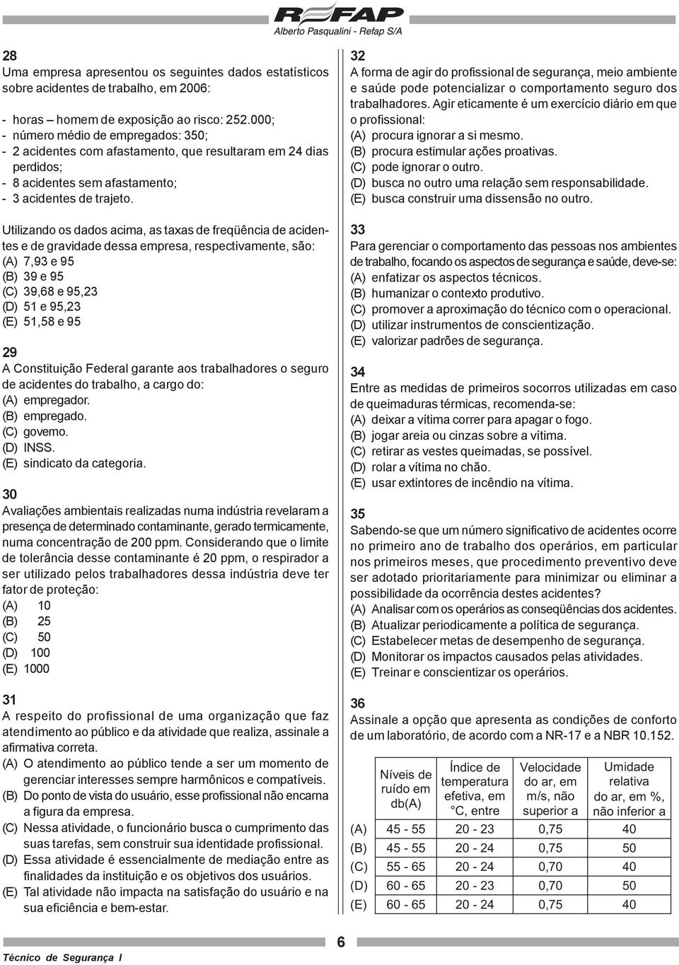 Utilizando os dados acima, as taxas de freqüência de acidentes e de gravidade dessa empresa, respectivamente, são: (A) 7,93 e 95 (B) 39 e 95 (C) 39,68 e 95,23 (D) 51 e 95,23 (E) 51,58 e 95 29 A