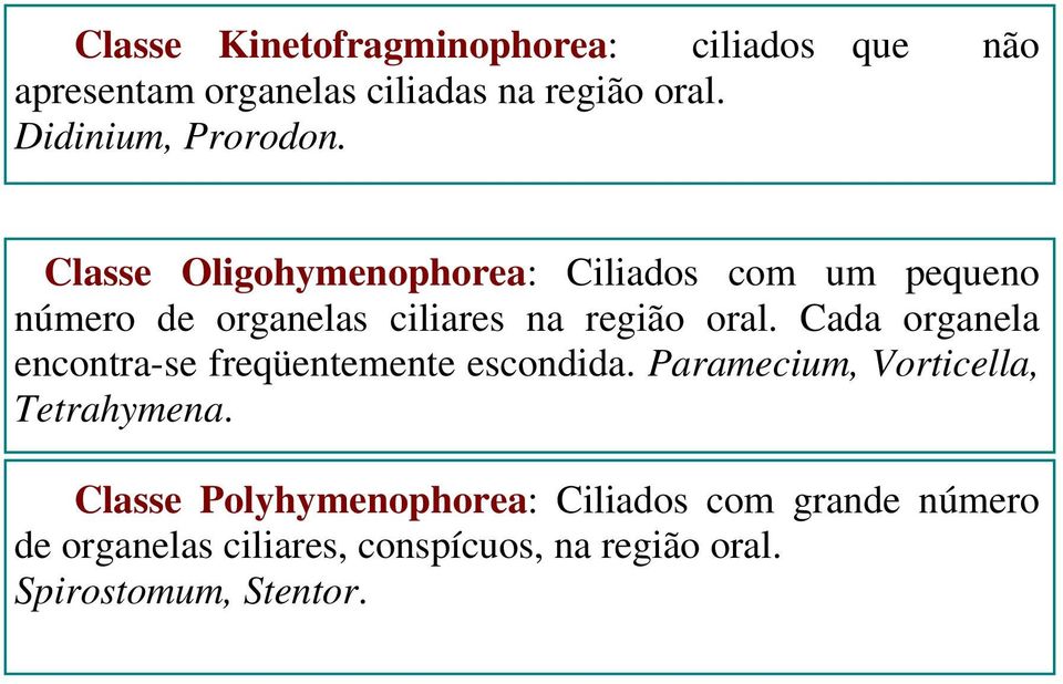 Classe Oligohymenophorea: Ciliados com um pequeno número de organelas ciliares na região oral.