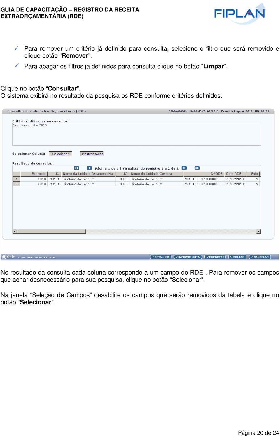 O sistema exibirá no resultado da pesquisa os RDE conforme critérios definidos.