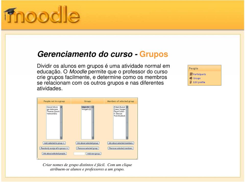 O Moodle permite que o professor do curso crie grupos facilmente, e determine como os