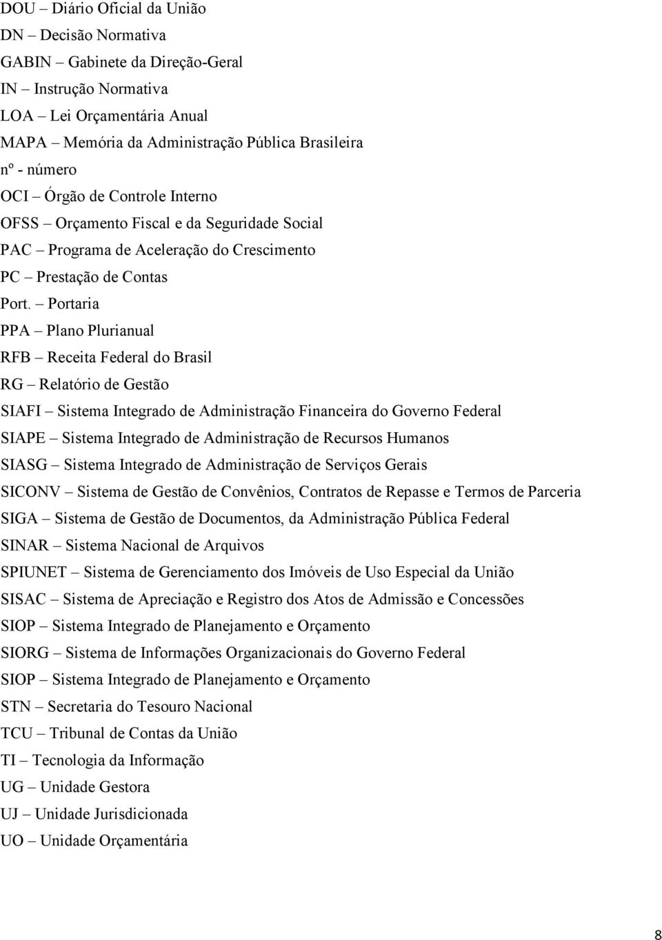 Portaria PPA Plano Plurianual RFB Receita Federal do Brasil RG Relatório de Gestão SIAFI Sistema Integrado de Administração Financeira do Governo Federal SIAPE Sistema Integrado de Administração de