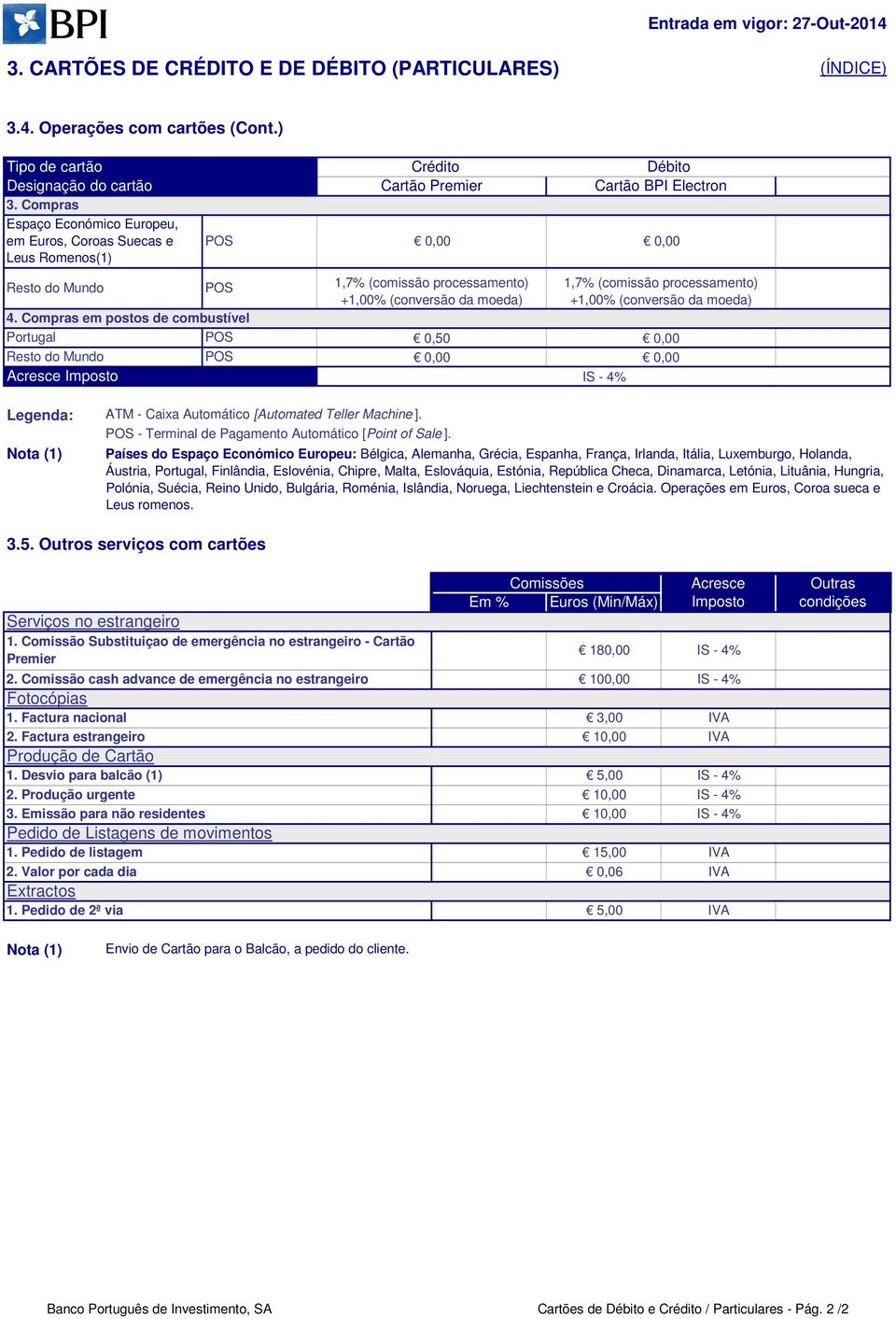 Compras Espaço Económico Europeu, em Euros, Coroas Suecas e POS 0,00 0,00 Leus Romenos(1) Resto do Mundo POS 4. Compras em postos de combustível Portugal POS Resto do Mundo POS 3.5.