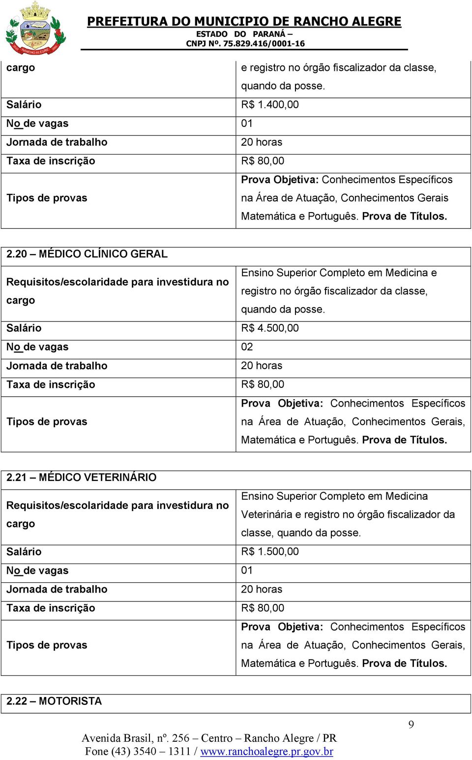 Prova de Títulos. 2.20 MÉDICO CLÍNICO GERAL Ensino Superior Completo em Medicina e Requisitos/escolaridade para investidura no registro no órgão fiscalizador da classe, cargo quando da posse.