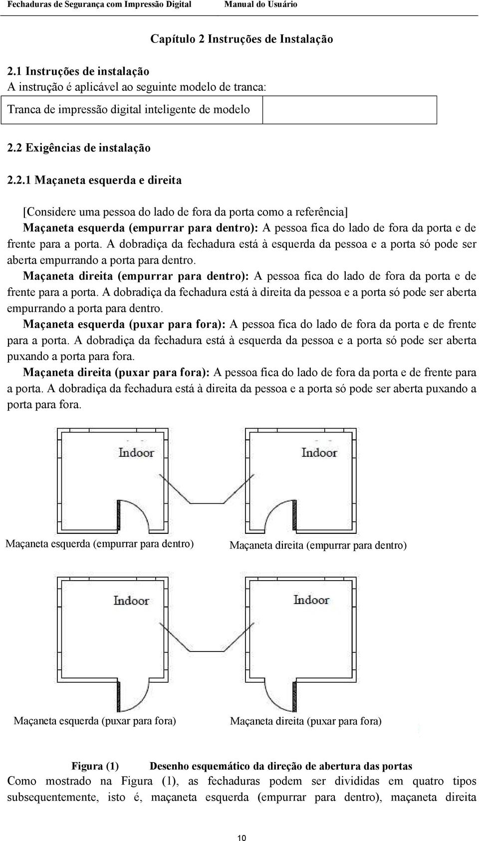 porta. A dobradiça da fechadura está à esquerda da pessoa e a porta só pode ser aberta empurrando a porta para dentro.