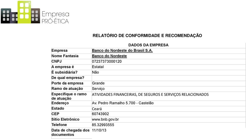 Porte da empresa Grande Ramo de atuação Serviço Especifique o ramo ATIVIDADES FINANCEIRAS, DE SEGUROS E SERVIÇOS RELACIONADOS