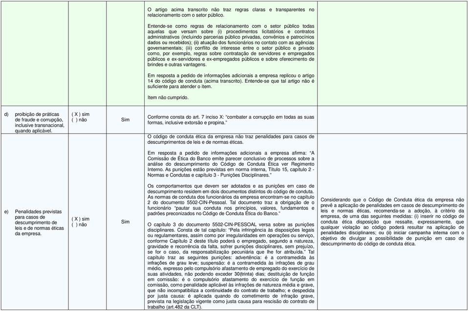 e patrocínios dados ou recebidos); (ii) atuação dos funcionários no contato com as agências governamentais; (iii) conflito de interesse entre o setor público e privado como, por exemplo, regras sobre