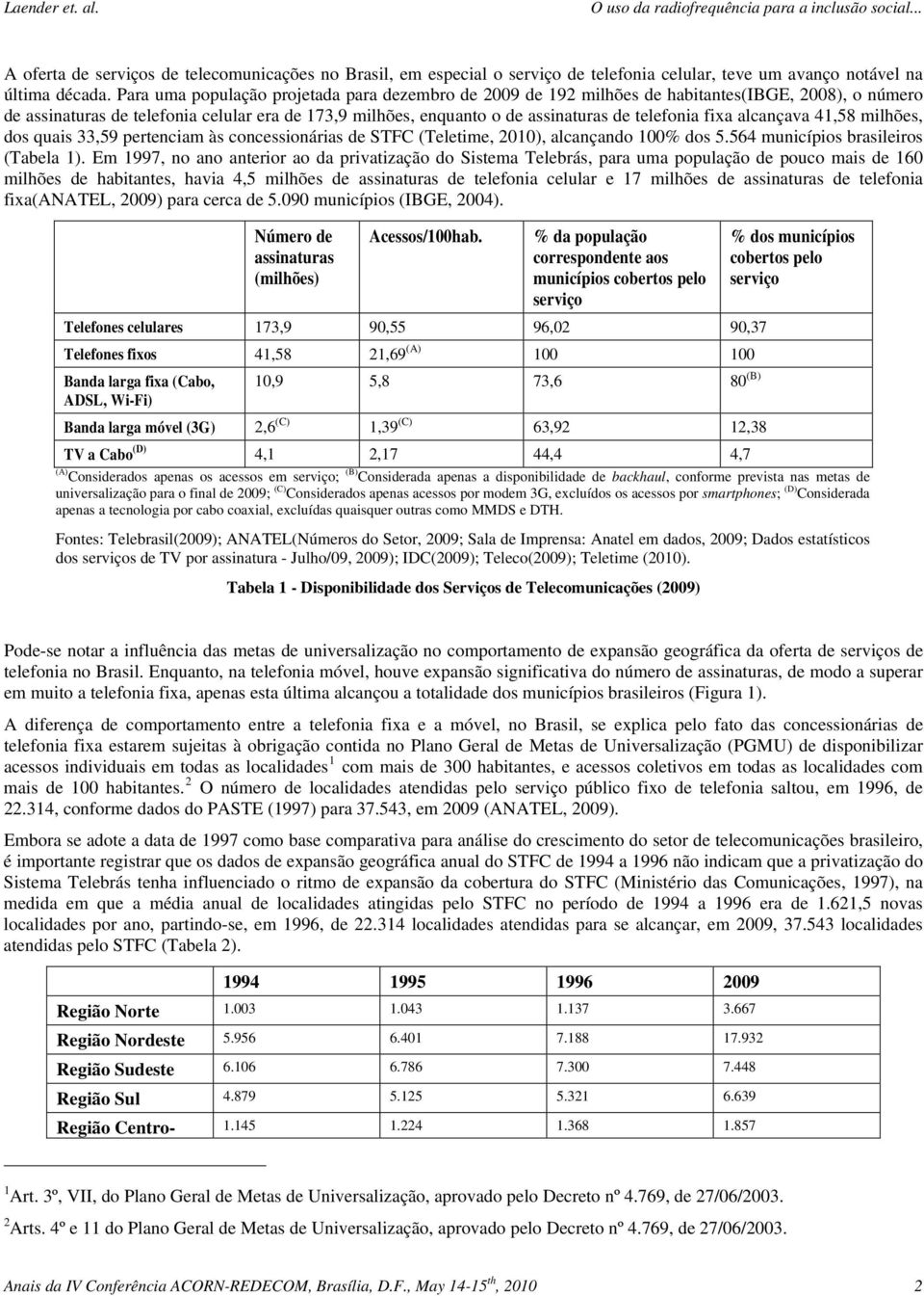 fixa alcançava 41,58 milhões, dos quais 33,59 pertenciam às concessionárias de (Teletime, 2010), alcançando 100% dos 5.564 municípios brasileiros (Tabela 1).