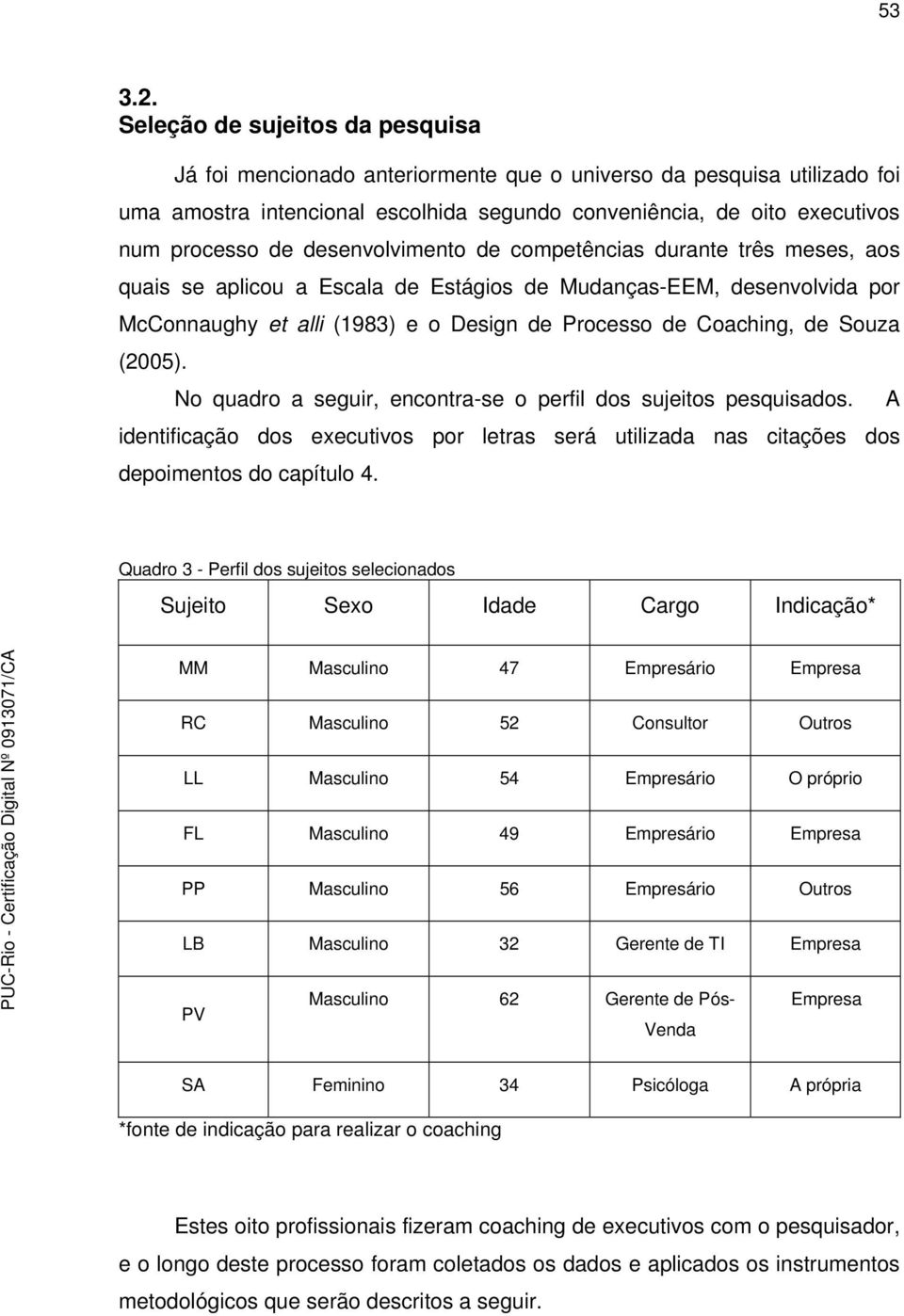 desenvolvimento de competências durante três meses, aos quais se aplicou a Escala de Estágios de Mudanças-EEM, desenvolvida por McConnaughy et alli (1983) e o Design de Processo de Coaching, de Souza