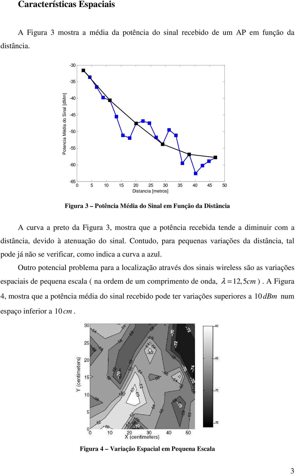 Potência Média do Sinal em Função da Distância A curva a preto da Figura 3, mostra que a potência recebida tende a diminuir com a distância, devido à atenuação do sinal.