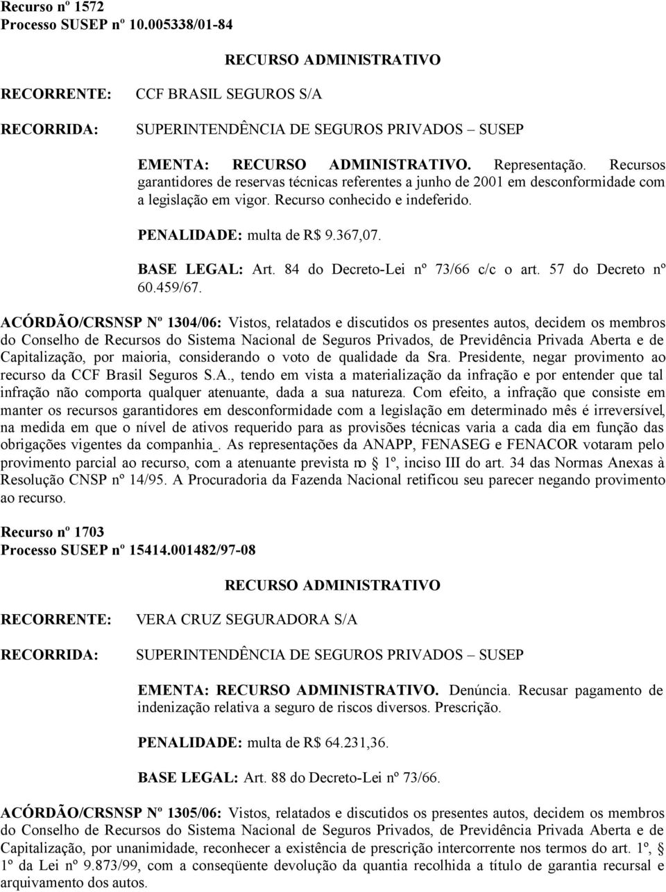 84 do Decreto-Lei nº 73/66 c/c o art. 57 do Decreto nº 60.459/67.