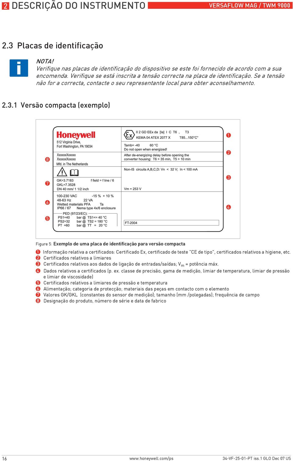 1 Versão compacta (exemplo) Figure 5: Exemplo de uma placa de identificação para versão compacta 1 Informação relativa a certificados: Certificado Ex, certificado de teste "CE de tipo", certificados