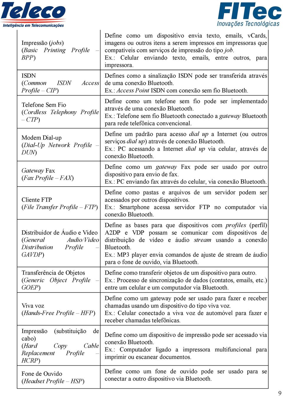 (Hands-Free Profile HFP) Impressão (substituição de cabo) (Hard Copy Cable Replacement Profile HCRP) Fone de Ouvido (Headset Profile HSP) Define como um dispositivo envia texto, emails, vcards,