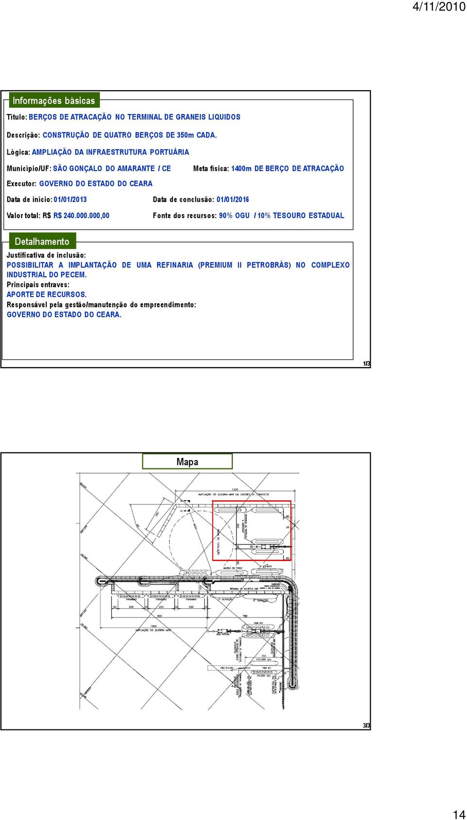 início: 01/01/2013 Data de conclusão: 01/01/2016 Valor total: R$ R$ 240.000.