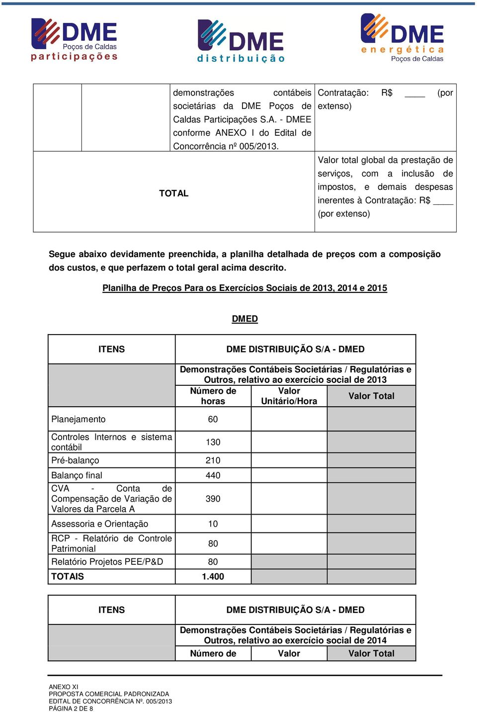 preenchida, a planilha detalhada de preços com a composição dos custos, e que perfazem o total geral acima descrito.