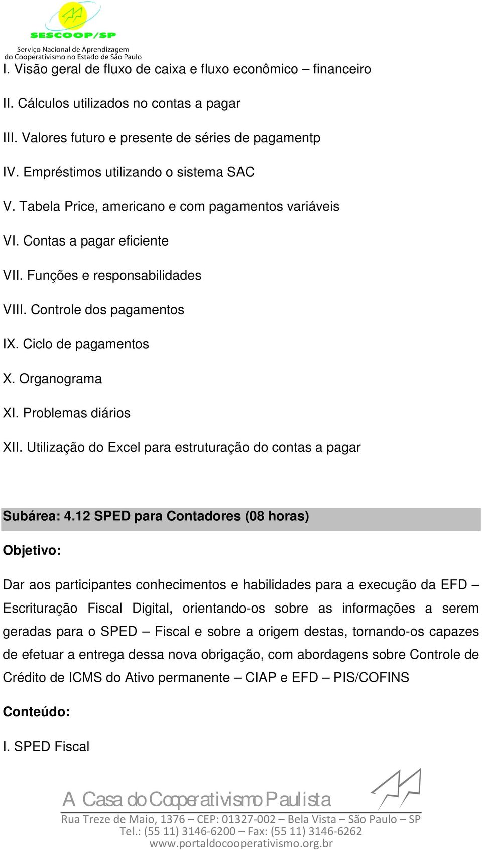 Ciclo de pagamentos X. Organograma XI. Problemas diários XII. Utilização do Excel para estruturação do contas a pagar Subárea: 4.