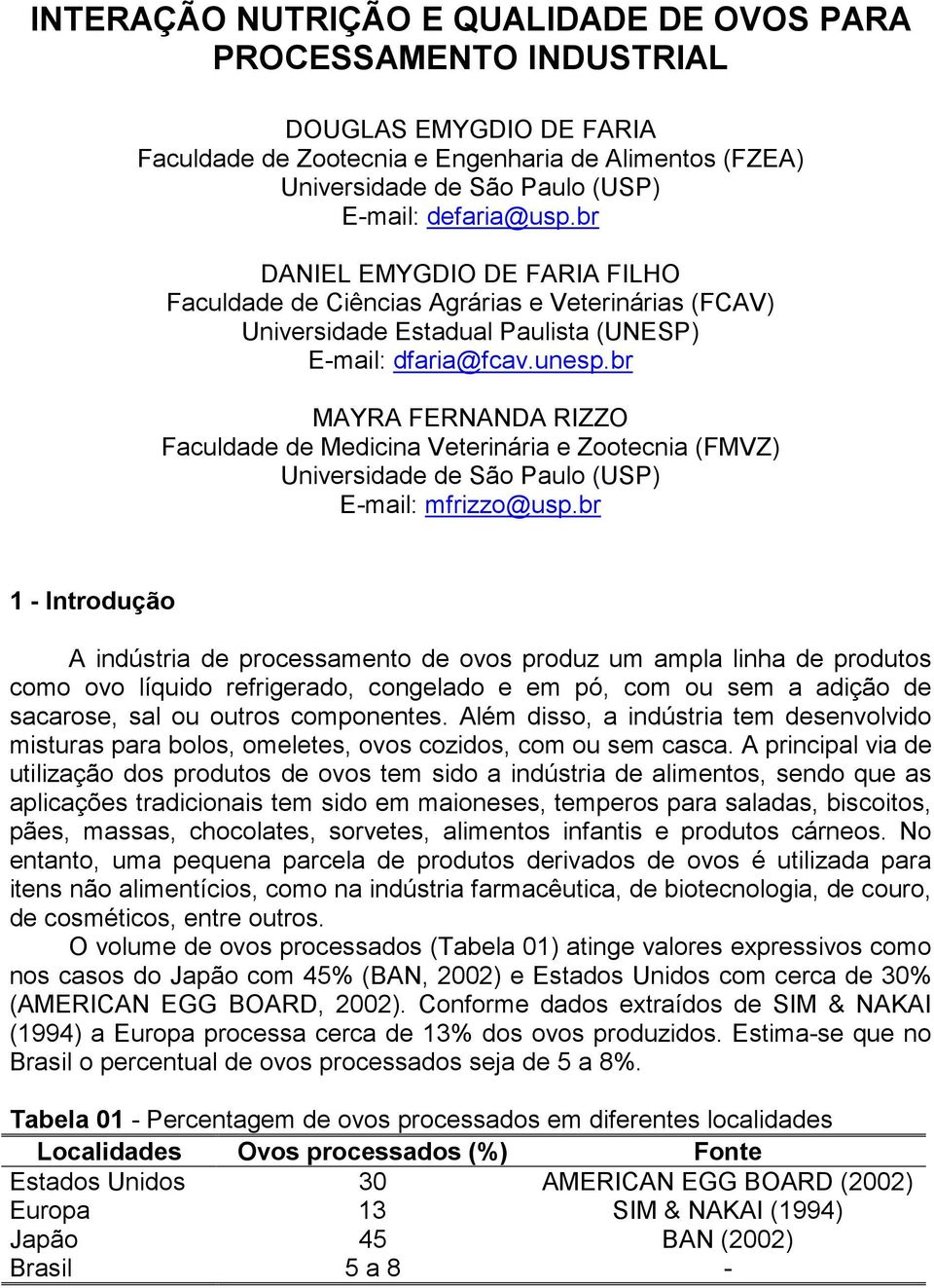 br MAYRA FERNANDA RIZZO Faculdade de Medicina Veterinária e Zootecnia (FMVZ) Universidade de São Paulo (USP) E-mail: mfrizzo@usp.