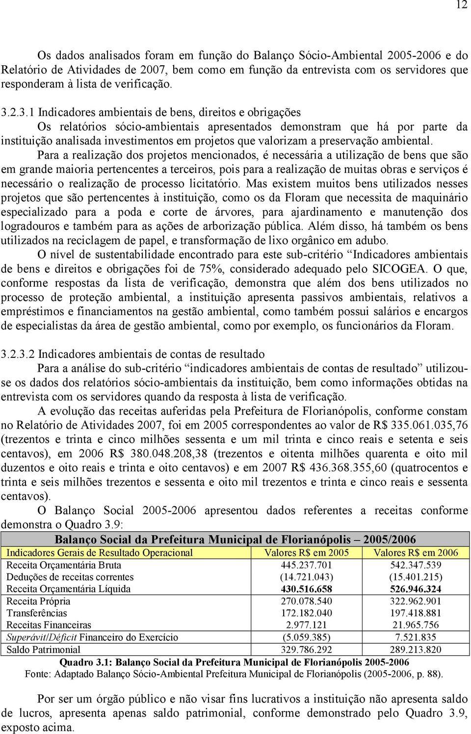 2.3.1 Indicadores ambientais de bens, direitos e obrigações Os relatórios sócio-ambientais apresentados demonstram que há por parte da instituição analisada investimentos em projetos que valorizam a