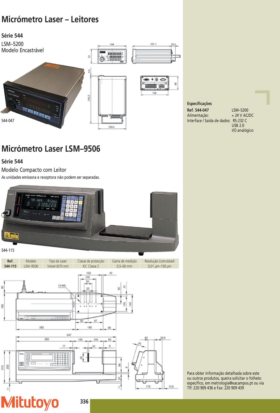 0 I/O analógico Micróetro Laser LSM 9506 Modelo Copacto co Leitor As unidades eissora e receptora não pode ser separadas. 544-115 Ref.