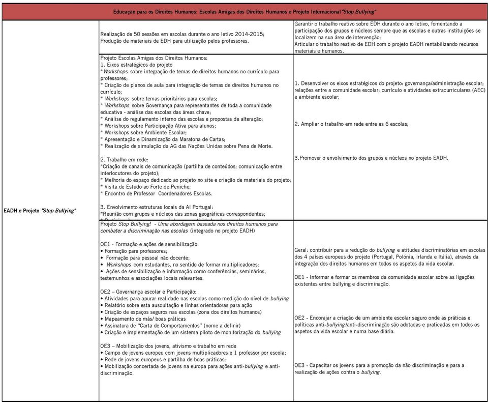 Eixos estratégicos do projeto *Workshops sobre integração de temas de direitos humanos no currículo para professores; * Criação de planos de aula para integração de temas de direitos humanos no