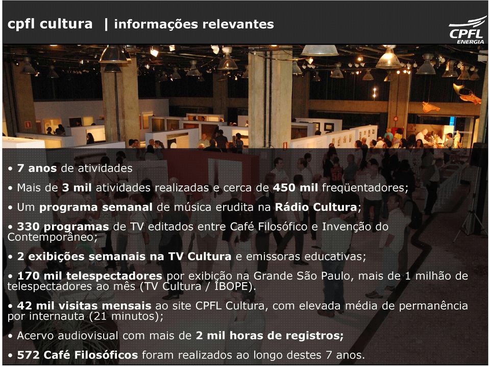 telespectadores por exibição na Grande São Paulo, mais de 1 milhão de telespectadores ao mês (TV Cultura / IBOPE).