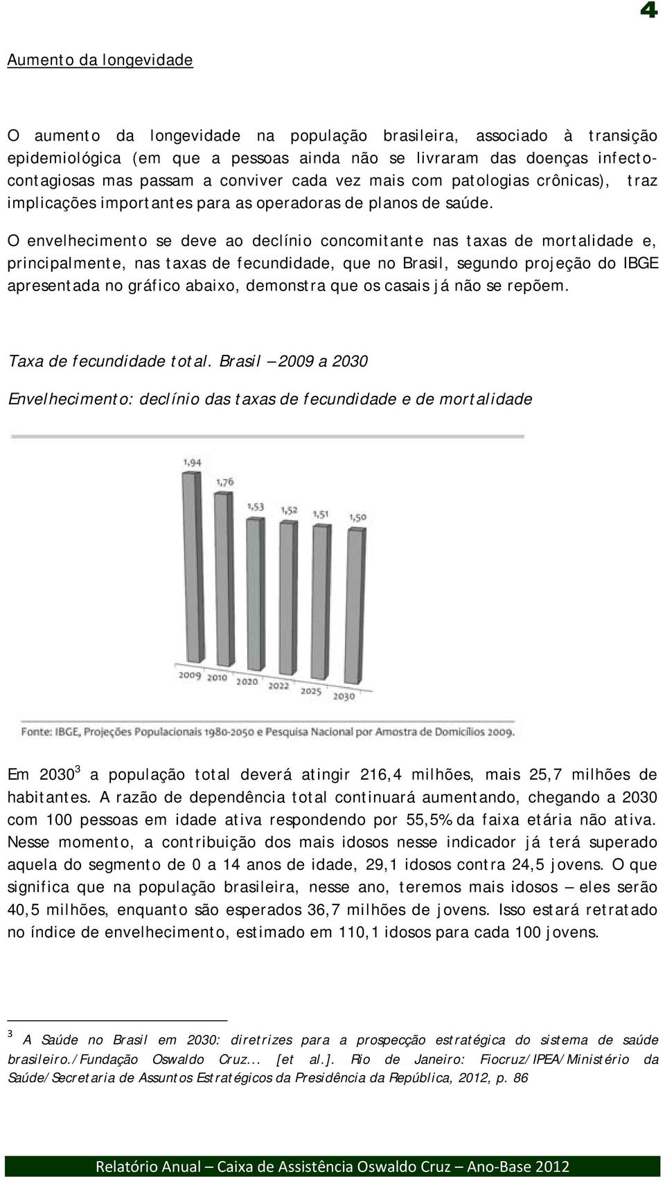 O envelhecimento se deve ao declínio concomitante nas taxas de mortalidade e, principalmente, nas taxas de fecundidade, que no Brasil, segundo projeção do IBGE apresentada no gráfico abaixo,