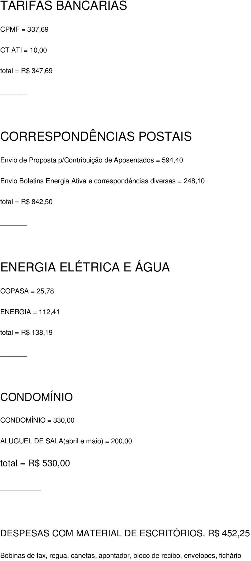 COPASA = 25,78 ENERGIA = 112,41 total = R$ 138,19 CONDOMÍNIO CONDOMÍNIO = 330,00 ALUGUEL DE SALA(abril e maio) = 200,00 total =