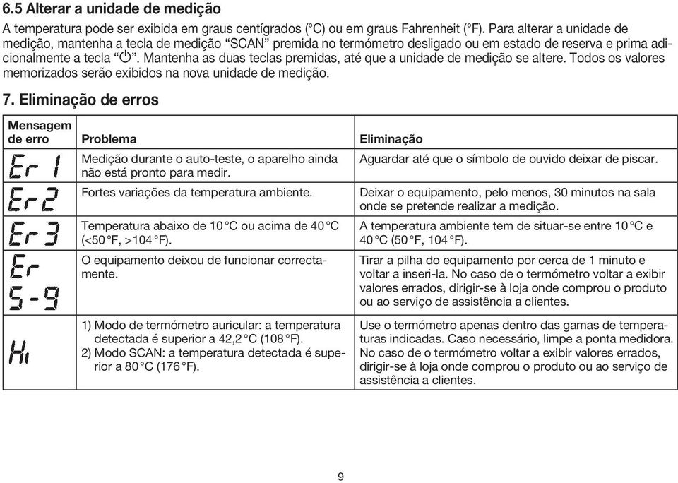 Mantenha as duas teclas premidas, até que a unidade de medição se altere. Todos os valores memorizados serão exibidos na nova unidade de medição. 7.