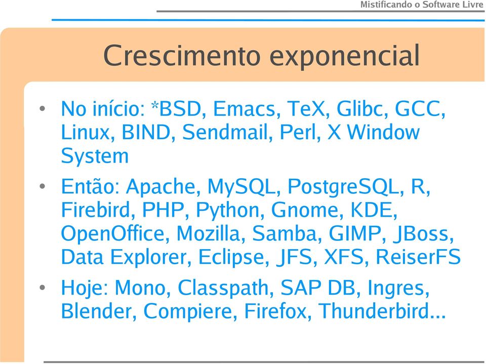 Python, Gnome, KDE, OpenOffice, Mozilla, Samba, GIMP, JBoss, Data Explorer, Eclipse,