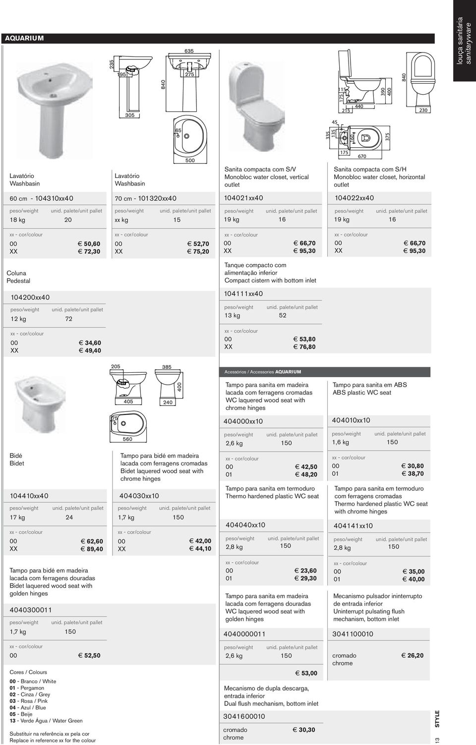 Tanque compacto com alimentação inferior Compact cistern with bottom inlet 104111xx40 13 kg 52 53,80 76,80 Acessórios / Accessories AQUARIUM Tampo para sanita em madeira lacada com ferragens cromadas