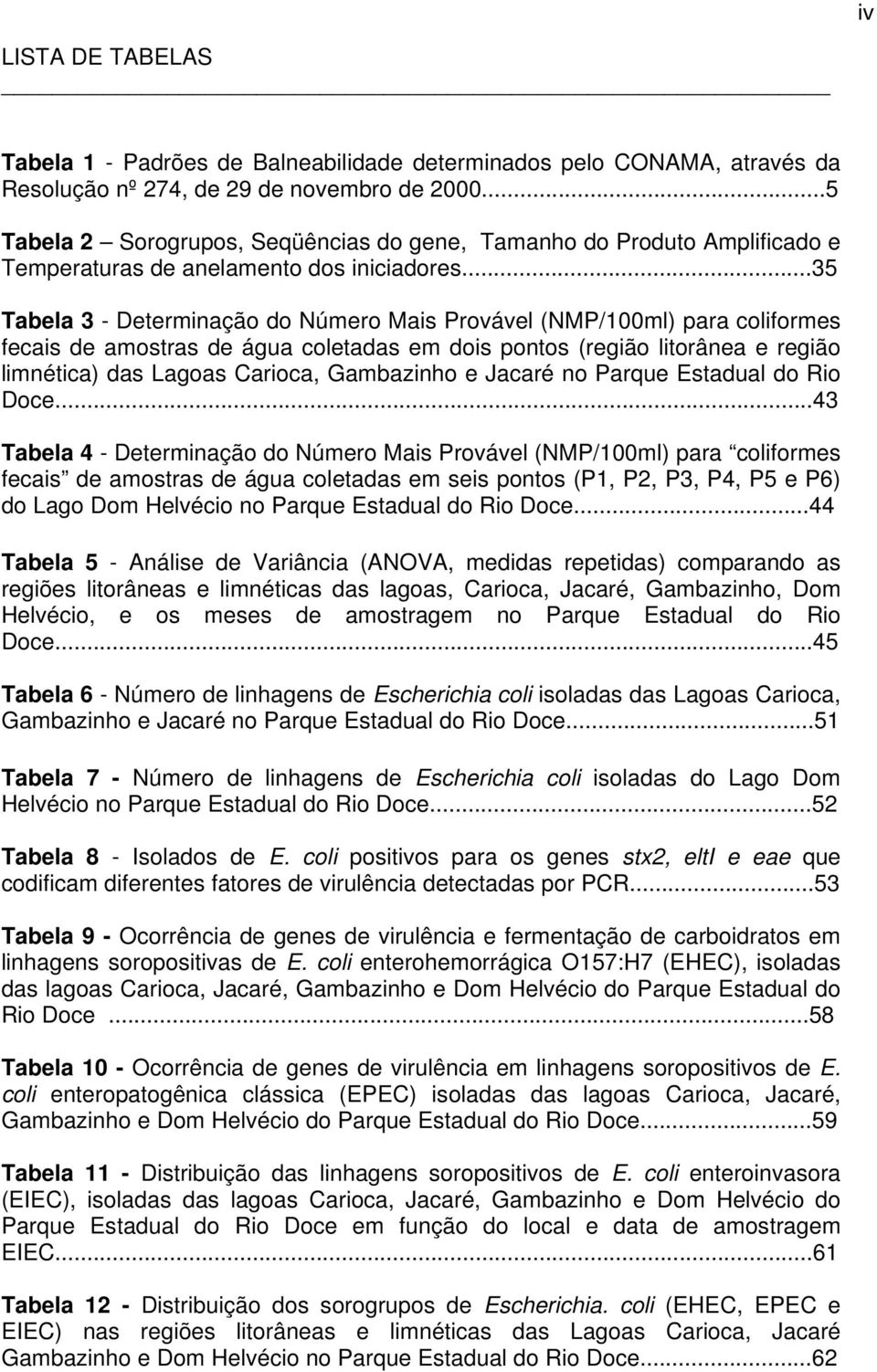 ..35 Tabela 3 - Determinação do Número Mais Provável (NMP/100ml) para coliformes fecais de amostras de água coletadas em dois pontos (região litorânea e região limnética) das Lagoas Carioca,