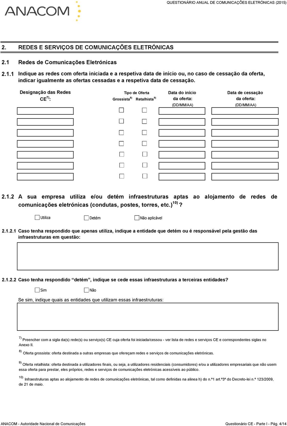 1 Indique as redes com oferta iniciada e a respetiva data de início ou, no caso de cessação da oferta, indicar igualmente as ofertas cessadas e a respetiva data de cessação.