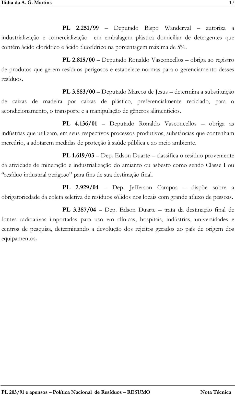 5%. PL 2.815/00 Deputado Ronaldo Vasconcellos obriga ao registro de produtos que gerem resíduos perigosos e estabelece normas para o gerenciamento desses resíduos. PL 3.