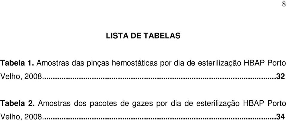 esterilização HBAP Porto Velho, 2008...32 Tabela 2.