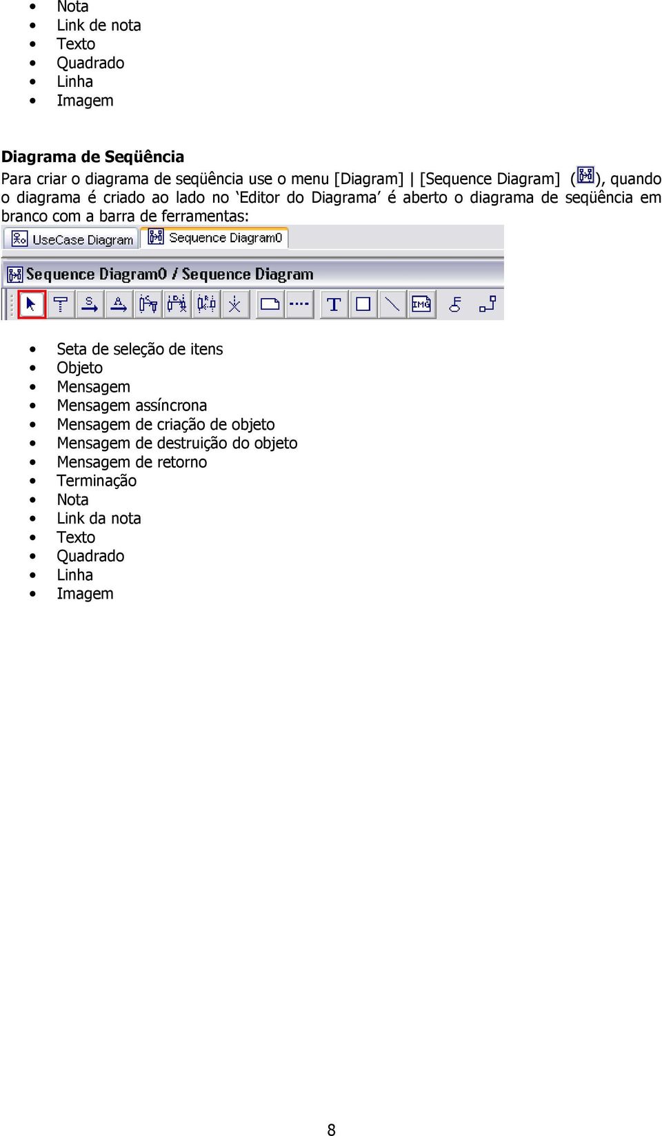 seqüência em branco com a barra de ferramentas: Seta de seleção de itens Objeto Mensagem Mensagem assíncrona Mensagem