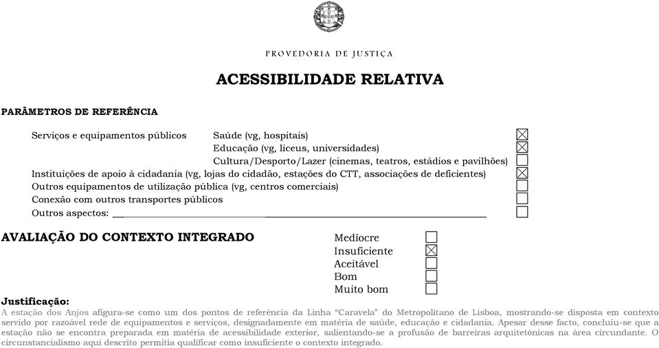 transportes públicos Outros aspectos: AVALIAÇÃO DO CONTEXTO INTEGRADO Medíocre Insuficiente Aceitável Bom Muito bom Justificação: A estação dos Anjos afigura-se como um dos pontos de referência da