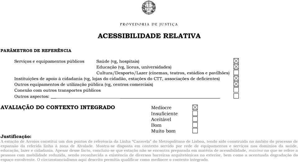 transportes públicos Outros aspectos: AVALIAÇÃO DO CONTEXTO INTEGRADO Medíocre Insuficiente Aceitável Bom Muito bom Justificação: A estação de Arroios constitui um dos pontos de referência da Linha