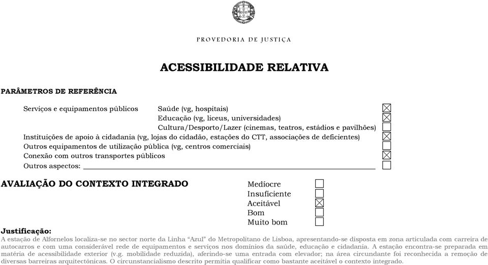 transportes públicos Outros aspectos: AVALIAÇÃO DO CONTEXTO INTEGRADO Medíocre Insuficiente Aceitável Bom Muito bom Justificação: A estação de Alfornelos localiza-se no sector norte da Linha Azul do