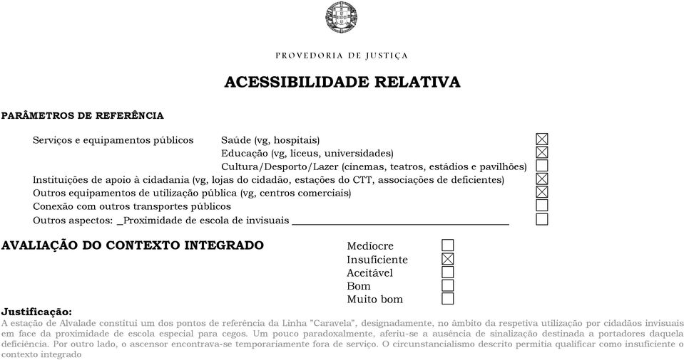 transportes públicos Outros aspectos: _Proximidade de escola de invisuais AVALIAÇÃO DO CONTEXTO INTEGRADO Medíocre Insuficiente Aceitável Bom Muito bom Justificação: A estação de Alvalade constitui