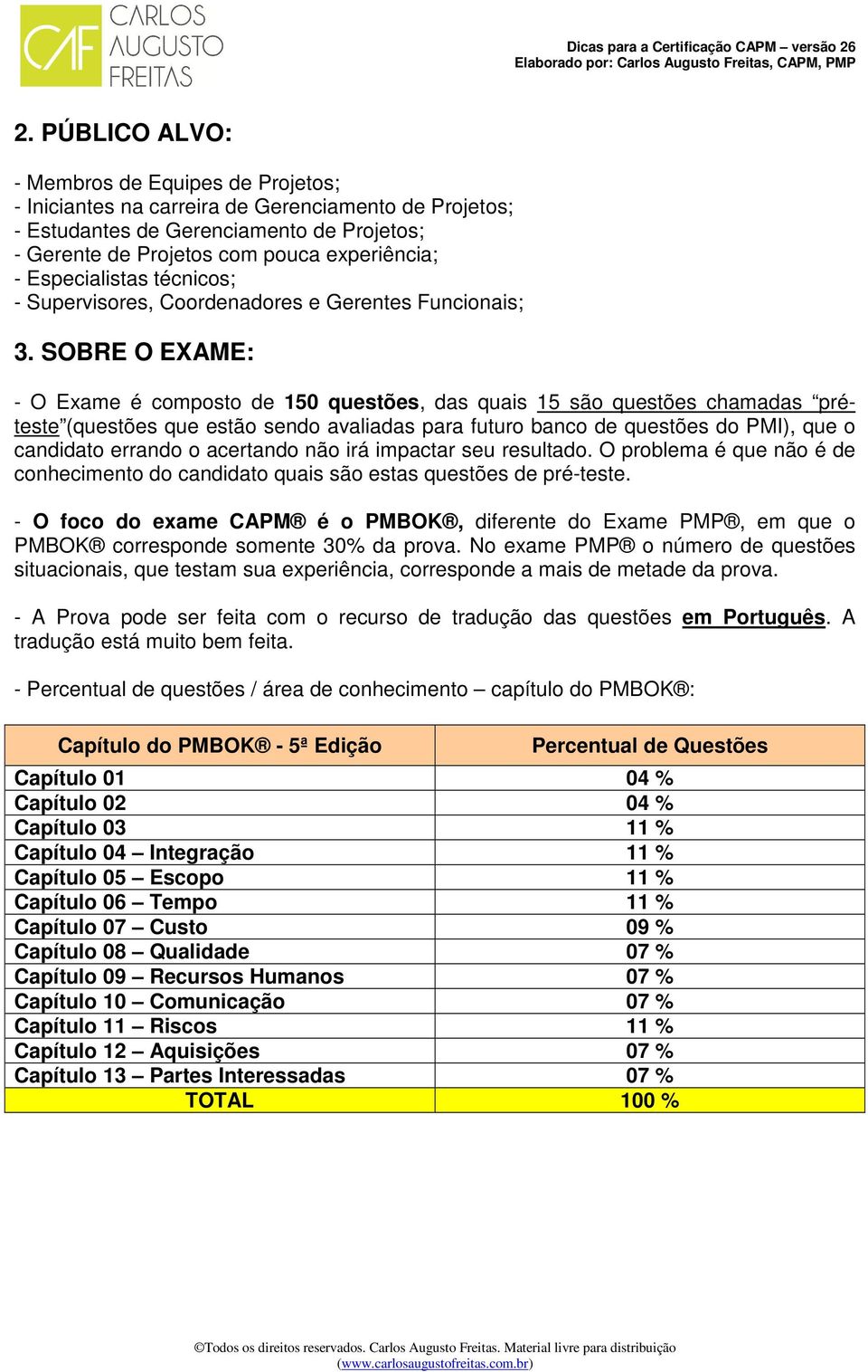 SOBRE O EXAME: - O Exame é composto de 150 questões, das quais 15 são questões chamadas préteste (questões que estão sendo avaliadas para futuro banco de questões do PMI), que o candidato errando o