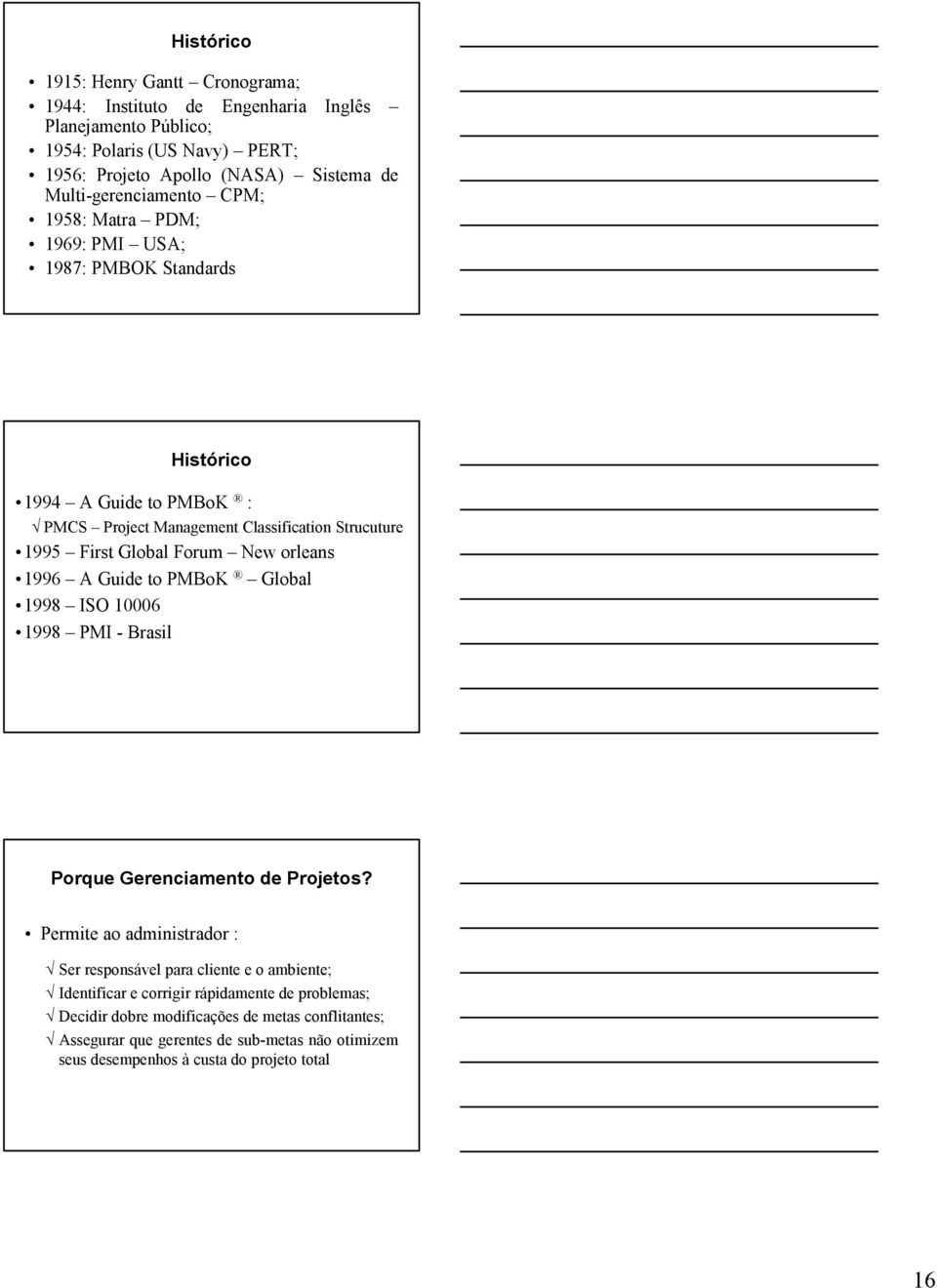 Forum New orleans 1996 A Guide to PMBoK Global 1998 ISO 10006 1998 PMI - Brasil Porque Gerenciamento de Projetos?