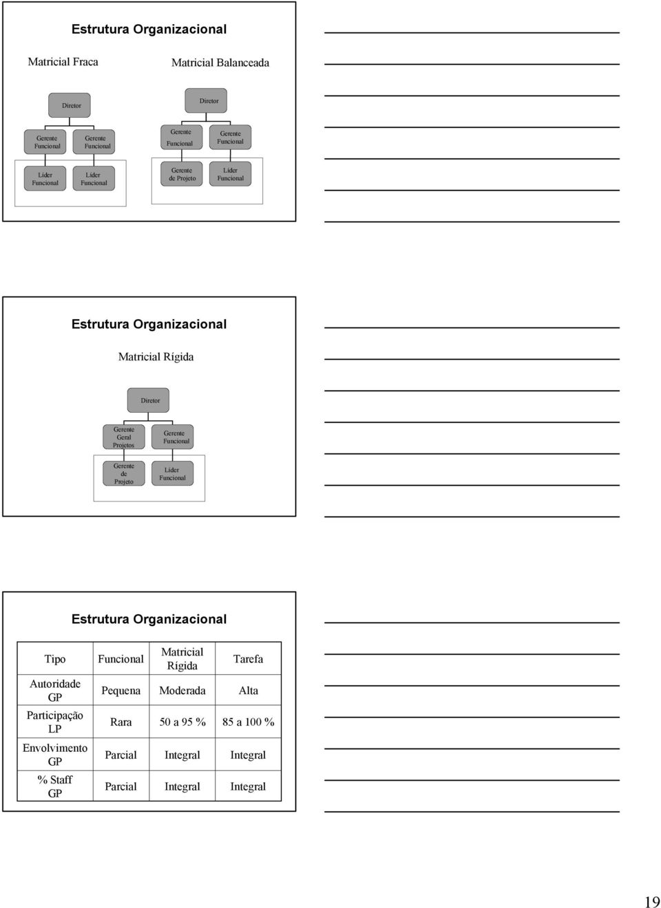 Projetos Gerente Funcional Gerente de Projeto Líder Funcional Estrutura Organizacional Tipo Autoridade GP Participação LP Funcional Pequena