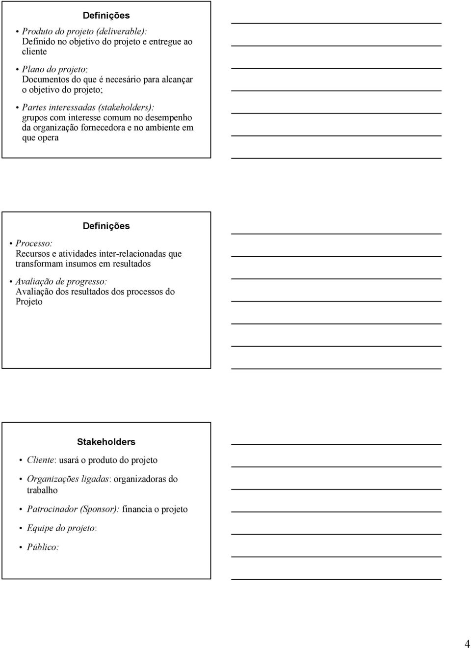 Processo: Recursos e atividades inter-relacionadas que transformam insumos em resultados Avaliação de progresso: Avaliação dos resultados dos processos do Projeto