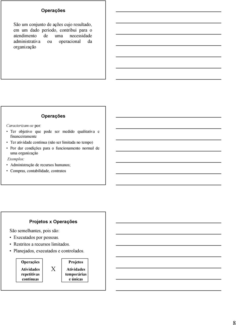 funcionamento normal de uma organização Exemplos: Administração de recursos humanos; Compras, contabilidade, contratos Projetos x Operações São semelhantes, pois são: